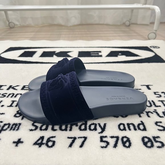 Versace Medusa Head Logo Nubuck Suede Navy Pool Slides - Picture 5 of 11